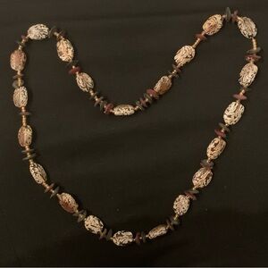 Natural Large Wooden Bead Necklace in Brown and Cream - Women's Jewelry